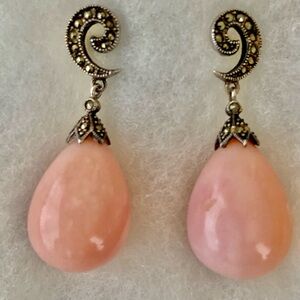 Vintage Sterling Silver Art Deco Big Pear Coral Teardrop & Marcasite 2”Earring